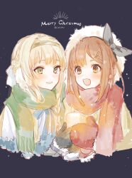 2girls :d atelier_(series) atelier_ryza blonde_hair blue_ribbon braid brown_eyes brown_hair candle commentary_request earmuffs green_eyes green_scarf hairband highres holding holding_candle klaudia_valentz le21day long_hair long_sleeves merry_christmas mittens multiple_girls open_mouth red_mittens red_scarf reisalin_stout ribbon scarf short_hair smile upper_body winter_clothes