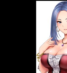 Rule 34 | 1girl, bare shoulders, blue eyes, blue hair, blush, bow, breasts, cleavage, detached sleeves, dragon quest, dragon quest ix, earrings, female focus, hair bow, hand on own chest, hand up, hoop earrings, jewelry, large breasts, light blush, light smile, long hair, looking at viewer, necklace, parted lips, ruida, simple background, smile, solo, tachi-e, transparent background, upper body, youta