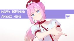 Rule 34 | 1girl, amane61115, anyoji hime, blue eyes, blunt bangs, bow, character name, collarbone, commentary, dress, finger gun, gradient hair, hair intakes, hair ribbon, happy birthday, hat, hat bow, link! like! love live!, long hair, love live!, miracreation/elegance, multi-tied hair, multicolored hair, off-shoulder dress, off shoulder, official alternate costume, pink hair, ponytail, red hat, red nails, red ribbon, ribbon, sidelocks, solo, swept bangs, upper body, virtual youtuber, white background, white dress