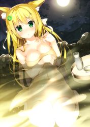 Rule 34 | 1girl, alcohol, animal ears, barefoot, blonde hair, breasts, cleavage, dutch angle, feet, full moon, green eyes, hair ornament, hairclip, kaname 024, large breasts, long hair, looking at viewer, moon, naked towel, night, night sky, onsen, original, outdoors, partially submerged, sake, sitting, sky, solo, tail, towel, wariza