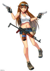 Rule 34 | 1girl, ahoge, akm, akms, assault rifle, bare shoulders, belt, belt buckle, belt pouch, beretta 92, boots, breasts, brown hair, buckle, cleavage, commentary request, covered erect nipples, cross-laced footwear, cutoffs, denim, denim shorts, dual wielding, eyewear on head, full body, gloves, gun, hair between eyes, handgun, highleg, highleg panties, highres, holding, holster, kalashnikov rifle, lace-up boots, large breasts, long hair, looking at viewer, navel, ndtwofives, original, panties, partially fingerless gloves, pistol, ponytail, pouch, rifle, shorts, shoulder holster, smile, solo, sunglasses, tank top, tongue, tongue out, twitter username, underwear, weapon, white background, yellow eyes