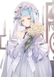 Rule 34 | 1girl, absurdres, ahoge, bare shoulders, black choker, blue hair, bouquet, candle, choker, closed mouth, collarbone, commentary, cowboy shot, dress, elbow gloves, flower, girls&#039; frontline, gloves, hair flower, hair ornament, highres, holding, holding bouquet, looking at viewer, luozhou pile, rose, short hair, smile, solo, standing, strapless, strapless dress, veil, wedding dress, white dress, white flower, white gloves, white rose, yellow eyes, zas m21 (girls&#039; frontline)