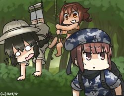 Rule 34 | !?, 10s, 3girls, backpack, bag, beret, black hair, braid, brown eyes, brown hair, camouflage, commentary, crying, crying with eyes open, dated, forest, grin, hamu koutarou, hat, isonami (kancolle), kantai collection, long hair, military, military uniform, multiple girls, nature, o o, rope, safari hat, sarong, scarf, shaded face, shiratsuyu (kancolle), short hair, smile, solid circle eyes, streaming tears, sweat, tears, uniform, z3 max schultz (kancolle)