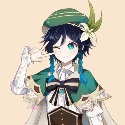 Rule 34 | 1boy, androgynous, beret, black hair, blue hair, bow, braid, brooch, cape, closed mouth, collared cape, collared shirt, corset, flower, frilled sleeves, frills, gem, genshin impact, gradient hair, green eyes, green hat, hair flower, hair ornament, hat, jewelry, leaf, long sleeves, male focus, multicolored hair, nanashevel, one eye closed, pink background, shirt, short hair with long locks, simple background, smile, solo, twin braids, v, venti (genshin impact), white flower, white shirt
