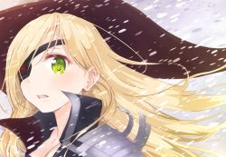 Rule 34 | 1girl, bad id, bad twitter id, blizzard, blonde hair, blush, cape, eyepatch, green eyes, hat, long hair, looking at viewer, open mouth, othinus, outdoors, rossapq, snow, snowflakes, snowing, solo, toaru majutsu no index, toaru majutsu no index: new testament, winter, witch hat