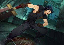 Rule 34 | 1990s (style), 1boy, absurdres, black hair, blue eyes, final fantasy, final fantasy vii, gloves, highres, huge weapon, looking at viewer, male focus, mazjojo, muscular, night, open mouth, solo, standing, sword, weapon, zack fair