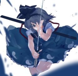 Rule 34 | 1girl, black hairband, commentary request, focused, green skirt, green vest, grey eyes, grey hair, hairband, highres, holding, holding sword, holding weapon, ikurauni, katana, konpaku youmu, looking at viewer, puffy short sleeves, puffy sleeves, red ribbon, ribbon, sheath, short hair, short sleeves, skirt, skirt set, solo, sword, touhou, vest, weapon