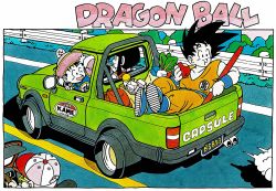 Rule 34 | 1girl, 3boys, :d, apple, bag, baseball cap, black eyes, black hair, blue footwear, boots, border, bush, chi-chi (dragon ball), closed mouth, clothes writing, collarbone, commentary, copyright name, crossed ankles, dougi, dragon ball, dragon ball (object), dragonball z, driving, eating, elbow rest, facial hair, facing away, family, father and son, food, from above, fruit, full body, glasses, grass, guard rail, hand on headwear, happy, hat, highres, highway, holding, holding food, leaning, leaning forward, license plate, looking afar, looking at another, looking back, messy hair, mother and son, motor vehicle, multiple boys, mustache, muten roushi, ruyi jingu bang, official art, open mouth, outdoors, pickup truck, pink headwear, ponytail, profile, radish, rear-view mirror, sidelocks, sitting, smile, smoke, son gohan, son goku, sunglasses, toriyama akira, truck, vegetable, white border, wristband, yellow-framed eyewear