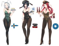Rule 34 | 3girls, animal ears, arm behind back, black hair, black legwear, blue eyes, breasts, cleavage, cocktail glass, coke-bottle glasses, covered navel, cross, cup, detached collar, drinking glass, fake animal ears, fake tail, glasses, hat, headphones, high heels, highres, hong meiling, iron cross, large breasts, leotard, long skirt, looking at viewer, milihime taisen, military hat, multiple girls, nail polish, pantyhose, panzer (p.z), playboy bunny, rabbit ears, rabbit tail, red eyes, red hair, red nails, short hair, silver hair, simple background, skirt, smile, tail, touhou, translated, white background, wrist cuffs