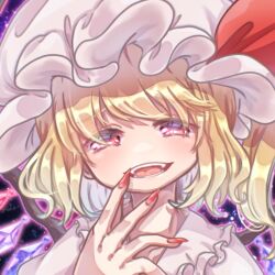 Rule 34 | 1girl, blonde hair, crystal, dark background, fingernails, flandre scarlet, frilled shirt collar, frills, hat, head tilt, looking at viewer, medium hair, mob cap, multicolored wings, nail polish, one side up, open mouth, red eyes, red nails, sacchan happy, sharp fingernails, shirt, simple background, solo, teeth, touhou, upper body, white hat, white shirt, wings