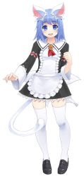 Rule 34 | 1girl, amasa mitsunaru, animal ears, black dress, black footwear, blue eyes, blue hair, blush, cat, cat ears, cat tail, character request, commentary request, dress, full body, looking at viewer, maid, open mouth, shoes, short hair, simple background, smile, solo, standing, tail, thighhighs, white background, white thighhighs