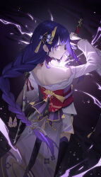Rule 34 | 1girl, absurdres, bare shoulders, black thighhighs, bridal gauntlets, commentary request, cowboy shot, genshin impact, hair ornament, highres, holding, holding sword, holding weapon, human scabbard, japanese clothes, katana, kimono, long hair, long sleeves, looking at viewer, musou isshin (genshin impact), nail polish, obi, off shoulder, purple eyes, purple hair, purple kimono, purple nails, raiden shogun, red sash, sash, smile, solo, sword, sye-, thighhighs, very long hair, weapon