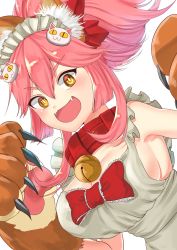 Rule 34 | 1girl, absurdres, animal ears, animal hands, apron, bell, bow, breasts, cat hair ornament, cat paws, cleavage, collar, fangs, fate/grand order, fate (series), fox ears, gloves, hair bow, hair ornament, hair ribbon, highres, jingle bell, large breasts, long hair, looking at viewer, maid headdress, misiyou platoni, naked apron, neck bell, open mouth, paw gloves, pink hair, ribbon, sideboob, simple background, solo, tamamo (fate), tamamo cat (fate), tamamo cat (third ascension) (fate), white background, yellow eyes