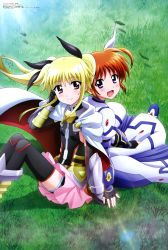 Rule 34 | 2girls, absurdres, black legwear, blonde hair, blush, boots, breasts, brown hair, cape, closed mouth, elbow gloves, fate testarossa, fate testarossa (blaze form ii), fingerless gloves, gauntlets, gloves, grass, hair ribbon, highres, kawamoto miyoko, long hair, looking at viewer, lyrical nanoha, magical girl, mahou shoujo lyrical nanoha, mahou shoujo lyrical nanoha the movie 3rd: reflection, multiple girls, official art, open mouth, outdoors, pink skirt, pleated skirt, purple eyes, red eyes, ribbon, short twintails, sitting, skirt, small breasts, smile, takamachi nanoha, takamachi nanoha (exelion mode modified), thighhighs, twintails, very long hair