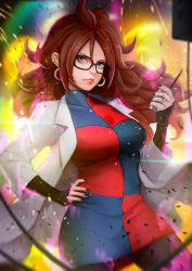 Rule 34 | 1girl, android 21, black-framed eyewear, blue eyes, breasts, brown hair, dragon ball, dragon ball fighterz, earrings, hoop earrings, jewelry, lab coat, large breasts, lips, long hair, long sleeves, looking at viewer, magion02, nail polish, pantyhose, ring, signature, solo