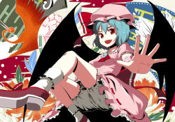 Rule 34 | 1girl, b-ginga, bloomers, blue hair, dress, fang, female focus, foreshortening, frills, hat, plant, red eyes, remilia scarlet, short hair, solo, symbol-shaped pupils, touhou, underwear, wings