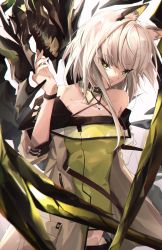 Rule 34 | 1girl, animal ear fluff, animal ears, ankoro mochi, arknights, black collar, cat ears, coat, collar, detached collar, dress, green dress, green eyes, hair between eyes, hand up, highres, kal&#039;tsit (arknights), looking at viewer, mon3tr (arknights), off-shoulder dress, off shoulder, open clothes, open coat, simple background, solo, upper body, white background, white coat, white hair, white sleeves