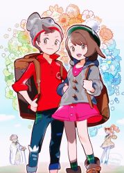 Rule 34 | 1boy, 3girls, backpack, bag, beanie, bob cut, boots, brown bag, brown eyes, brown footwear, brown hair, buttons, cable knit, cane, cardigan, closed mouth, collared dress, commentary request, creatures (company), denim, dress, eyewear on head, game freak, gen 8 pokemon, glasses, gloria (pokemon), green headwear, green legwear, green shirt, grey cardigan, grey headwear, grookey, hair ornament, hand on own hip, hat, heart, heart hair ornament, holding strap, hooded cardigan, jeans, jewelry, lab coat, long hair, magnolia (pokemon), mizutani megumi, multiple girls, necklace, nintendo, open mouth, orange hair, pants, pink dress, plaid, plaid legwear, pokemon, pokemon swsh, red shirt, scorbunny, shirt, short hair, side ponytail, signature, sleeves rolled up, smile, sobble, socks, sonia (pokemon), standing, suitcase, sunglasses, swept bangs, tam o&#039; shanter, tongue, torn clothes, torn jeans, torn pants, victor (pokemon), waving, yellow dress