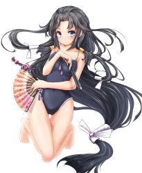 Rule 34 | 1girl, absurdly long hair, akino coto, barefoot, black hair, blue eyes, blush, collarbone, competition school swimsuit, feet, full body, hand fan, highres, long hair, looking at viewer, official art, one-piece swimsuit, original, school swimsuit, solo, swimsuit, transparent background, very long hair