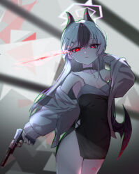 Rule 34 | 1girl, absurdres, black choker, black dress, black hair, black horns, black wings, blue archive, choker, cowboy shot, demon horns, demon wings, dress, grey hair, grey halo, grey jacket, gun, hair between eyes, halo, highres, holding, holding gun, holding weapon, horns, jacket, kayoko (blue archive), kayoko (dress) (blue archive), long hair, long sleeves, looking at viewer, multicolored hair, official alternate costume, open clothes, open jacket, red eyes, single wing, solo, weapon, wings, xxxxxg