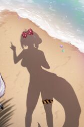 Rule 34 | 1girl, absurdres, beach, bow, unworn bow, breasts, clam, clam shell, day, dressed shadow (meme), female pov, fins, fish tail, highres, idol corp, juna unagi, large breasts, lightning ahoge, long hair, middle finger, ocean, out of frame, outdoors, polka dot, polka dot bow, pov, red bow, sand, seashell, shadow, shell, silhouette, starfish, tail, thigh strap, thinkuwu, virtual youtuber