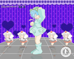 Rule 34 | 5girls, ;d, animal ears, arm up, blue eyes, blue footwear, blue hair, boots, chibi, cucumber, dance evolution, dancing, detached sleeves, dots, fake screenshot, green hat, hat, heart, heart background, highres, inubashiri momiji, kawashiro nitori, key, looking at viewer, multiple girls, one eye closed, open mouth, pocket, reflection, ruto5102, short hair, silver hair, skirt, sleeveless, smile, stage, standing, striped, striped background, tail, tokin hat, touhou, two side up, vertical stripes, wink, wolf ears, wolf tail