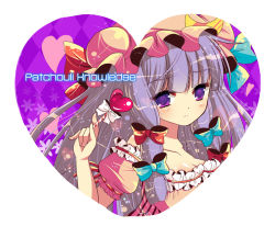 Rule 34 | 1girl, :&lt;, alternate costume, argyle, argyle background, argyle clothes, blue ribbon, blunt bangs, blush, candy, character name, detached sleeves, flower, food, frills, hair ribbon, hat, heart, lollipop, long hair, mob cap, patchouli knowledge, purple background, purple eyes, purple hair, red ribbon, ribbon, shiwasu horio, shy, solo, touhou, tress ribbon, white ribbon
