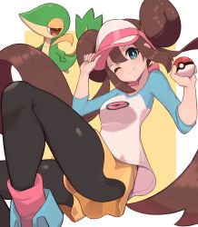 Rule 34 | 1girl, ;), absurdres, blush, bow, bright pupils, brown hair, brown pantyhose, closed mouth, commentary request, creatures (company), double bun, floating hair, game freak, gen 5 pokemon, green eyes, hair bun, highres, holding, holding poke ball, long hair, looking at viewer, nintendo, nuneno, one eye closed, pantyhose, pantyhose under shorts, pink bow, poke ball, poke ball (basic), pokemon, pokemon (creature), pokemon bw2, raglan sleeves, rosa (pokemon), shirt, shoes, short shorts, shorts, smile, sneakers, snivy, twintails, very long hair, visor cap, white pupils, yellow shorts