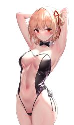 Rule 34 | 1girl, absurdres, armpits, arms up, bare arms, bare shoulders, black bow, black bowtie, blonde hair, blush, bow, bowtie, breasts, covered navel, cowboy shot, detached collar, fake tail, gweda, hair ribbon, highleg, highleg leotard, highres, legs together, leotard, looking at viewer, lycoris recoil, maebari, medium breasts, meme attire, nishikigi chisato, nontraditional playboy bunny, one side up, rabbit tail, red eyes, revision, ribbon, see-through, see-through leotard, short hair, simple background, solo, tail, translucent bunnysuit, white background