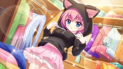 Rule 34 | 1girl, :&lt;, animal hood, black hoodie, blue eyes, blurry, blurry foreground, box, breasts, cat hood, closet, clothes hanger, cosplay, dot nose, dutch angle, film grain, from below, game cg, hands up, hiiragi kae, hood, hoodie, indoors, izumi tsubasu, large breasts, layered skirt, lens flare, long sleeves, looking at viewer, midriff peek, navel, nishidate haku, nishidate haku (cosplay), non-web source, official art, parted lips, pink hair, pink skirt, pom pom (clothes), re:stage!, short hair, skirt, solo, sparkle, undersized clothes, unworn clothes, white skirt