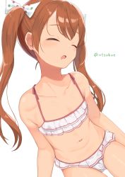 Rule 34 | 1girl, bare arms, bare legs, bare shoulders, bikini, blush, bow, brown hair, closed eyes, collarbone, commentary request, cowboy shot, drooling, dx (dekusu), fang, female focus, frilled bikini, frills, hair bow, hair ribbon, highres, kantai collection, libeccio (kancolle), long hair, navel, open mouth, polka dot, polka dot bow, polka dot ribbon, ribbon, sitting, sleeping, solo, stomach, striped bikini, striped clothes, swimsuit, twintails, twitter username, white background, white bikini, white ribbon