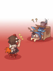 Rule 34 | 2girls, ?, ^^^, all fours, bloomers, blue dress, blue hair, bow, box, brown hair, bucket, camera, cardboard box, circled 9, cirno, dress, female focus, geta, gradient background, hair bow, hand fan, hat, ice, ice wings, in box, in container, multiple girls, plunger, pom pom (clothes), sankuma, shameimaru aya, short hair, simple background, skirt, squatting, tengu-geta, tokin hat, touhou, underwear, white bloomers, wings