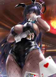 Rule 34 | 1girl, ace (playing card), ace of hearts, animal ears, arm under breasts, black hair, black leotard, blue archive, blue bow, bow, breasts, card, card in mouth, collar, dark-skinned female, dark skin, detached collar, fake animal ears, fishnet pantyhose, fishnets, gloves, gradient hair, halo, heart, highres, holding, holding card, jack (playing card), jack of hearts, joker (playing card), karin (blue archive), karin (bunny) (blue archive), king (playing card), king of hearts (playing card), large breasts, leotard, long hair, looking at viewer, mouth hold, multicolored hair, okame. (okame124), pantyhose, playboy bunny, playing card, ponytail, purple hair, queen (playing card), queen of hearts (playing card), rabbit ears, solo, strapless, strapless leotard, white collar, white gloves, white wrist cuffs, wrist cuffs, yellow eyes