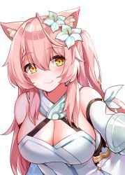 Rule 34 | 1girl, animal ear fluff, animal ears, blush, breasts, cat ears, character request, chinese commentary, cleavage, commentary request, copyright request, cosplay, dress, flower, genshin impact, hair between eyes, hair flower, hair ornament, highres, large breasts, long hair, looking at viewer, lumine (genshin impact), lumine (genshin impact) (cosplay), one side up, pink hair, simple background, sleeveless, sleeveless dress, smile, solo, upper body, virtual youtuber, watchdog rol (y1104280730), white background, white dress, white flower, yellow eyes