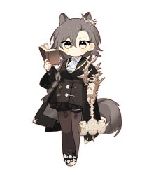 Rule 34 | 12 akn, 1girl, animal ears, arknights, armor, ascot, black coat, black pantyhose, blush stickers, book, chibi, coat, commentary request, crossed bangs, grey hair, hammer, highres, holding, holding book, holding hammer, korean commentary, long hair, long sleeves, looking at viewer, mole above eye, pantyhose, penance (arknights), shoulder armor, simple background, solo, tail, white ascot, white background, wolf ears, wolf girl, wolf tail