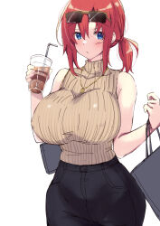 Rule 34 | 1girl, bag, blue eyes, blush, boudica (fate), breasts, collar, covered erect nipples, cup, fate/grand order, fate (series), highres, holding, holding cup, large breasts, red hair, satou (kuso-neet), short hair, sunglasses, sweater, white background