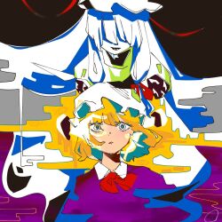 Rule 34 | 2girls, 3ma can omochi, abstract, alternate eye color, behind another, blonde hair, blue eyes, blue hair, bow, bowtie, collared shirt, colored inner hair, commentary request, covered eyes, detached arm, disembodied eye, floating hair, hair over eyes, hands on another&#039;s face, hat, highres, light smile, long hair, low-tied sidelocks, maribel hearn, mob cap, multicolored eyes, multicolored hair, multiple girls, open mouth, parted lips, puffy short sleeves, puffy sleeves, purple shirt, red bow, red bowtie, red eyes, shirt, short hair, short sleeves, sidelocks, straight-on, touhou, upper body, very long hair, white eyes, yakumo yukari