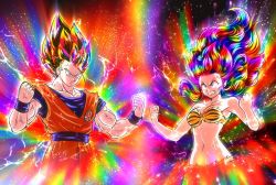 Rule 34 | 1boy, 1girl, alternate hair color, aura, bare arms, bare shoulders, blue eyes, breasts, cleavage, clenched hands, clenched teeth, crossover, dragon ball, floating hair, hands up, highres, horns, long hair, lum, midriff, multicolored hair, navel, parody, rainbow background, rainbow hair, short sleeves, son goku, spiked hair, strapless, super saiyan, teeth, tiger stripes, toned, toned male, umeboshiyatura, urusei yatsura, veins, w arms, widow&#039;s peak, wristband
