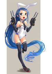 Rule 34 | 10s, 1girl, absurdly long hair, alternate costume, animal ears, bare shoulders, black gloves, black thighhighs, blue eyes, blue hair, cannon, elbow gloves, fake animal ears, full body, gloves, gun, handgun, kantai collection, katahira masashi, leotard, long hair, matching hair/eyes, open mouth, playboy bunny, rabbit ears, samidare (kancolle), smile, solo, thighhighs, thighs, very long hair, weapon