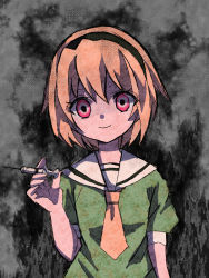 Rule 34 | 1girl, alternate eye color, black hairband, blonde hair, closed mouth, commentary request, empty eyes, eyes visible through hair, green shirt, grey background, hairband, hand up, highres, higurashi no naku koro ni, holding, holding syringe, houjou satoko, looking at viewer, nauka, necktie, puffy short sleeves, puffy sleeves, red eyes, sailor collar, shirt, short hair, short sleeves, sketch, smile, solo, spoilers, straight-on, syringe, upper body, white sailor collar, yellow necktie