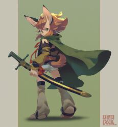 Rule 34 | 1boy, ahoge, animal ears, artist name, barefoot, brown hair, brown pants, cape, clothing cutout, commentary, detached sleeves, dog boy, dog ears, dog tail, from behind, full body, furry, furry male, green background, green cape, green eyes, highres, holding, holding sword, holding weapon, looking at viewer, looking back, male focus, murayama ryota, original, outside border, pants, pillarboxed, serious, sheath, sheathed, short shorts, shorts, simple background, slit pupils, solo, standing, sword, tail, tail through clothes, tassel, weapon, white shorts