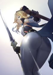 Rule 34 | 1girl, ass, bare shoulders, blonde hair, blue eyes, bow, breasts, cameltoe, from behind, from below, genshin impact, gloves, hair between eyes, hair bow, highres, holding, holding sword, holding weapon, huge ass, jean (genshin impact), leaning, leaning forward, long hair, looking at viewer, looking back, looking down, pants, ponytail, sayaka ikku, sheath, shiny clothes, sideboob, simple background, skin tight, smile, solo, sword, thighs, tight clothes, tight pants, weapon, white background