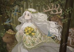 Rule 34 | 1girl, bear, bird, bouquet, bush, commentary, curly hair, deer, falling petals, floating hair, flower, forest, green eyes, head wreath, holding, holding bouquet, japanese clothes, kimono, leaf, light blush, long hair, long sleeves, looking up, nature, original, outdoors, pale skin, parted bangs, parted lips, petals, sayoko (sayosny2), signature, solo, standing, symbol-only commentary, traditional clothes, tree, tulip, white hair, white kimono, wide sleeves, yellow flower, yellow tulip