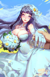Rule 34 | 1girl, bare shoulders, black hair, blue dress, blunt bangs, bouquet, breasts, bridal veil, bride, cleavage, dated, day, dress, earrings, elbow gloves, flower, gem, gloves, hair flower, hair ornament, highres, holding hands, hyuuga hinata, jewelry, large breasts, lips, long hair, looking at viewer, naruto, naruto (series), out of frame, outdoors, parted lips, pearl (gemstone), petals, pov, sky, smile, solo focus, symbol-shaped pupils, veil, very long hair, wedding dress, white eyes, yuiko (yuiko33miao)