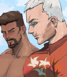 Rule 34 | 2boys, absurdres, bara, blurry, blurry background, blush, brown hair, dark-skinned male, dark skin, facial scar, from side, hawaiian shirt, highres, interracial, large pectorals, looking at another, male focus, mature male, meme, multiple boys, muscle envy, muscular, muscular male, nude, old, old man, overwatch, overwatch 1, girl staring at guys chest (meme), pectoral focus, pectorals, reaper (overwatch), red shirt, scar, scar on cheek, scar on face, scar on forehead, shirt, short hair, soldier: 76 (overwatch), upper body, wet, white hair, yangtuokawayi, yaoi