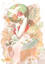 bob_cut colored_skin creatures_(company) dress elbow_gloves flower game_freak gardevoir gears gen_3_pokemon gloves green_hair hair_over_one_eye highres mega_gardevoir mega_pokemon nintendo pink_eyes pokemon pokemon_(creature) soke_sa strapless strapless_dress white_dress white_gloves white_skin