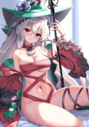 Rule 34 | 1girl, adapted costume, arknights, ascot, bare shoulders, black ascot, bracelet, breasts, cleavage, closed mouth, detached collar, detached sleeves, ehart, frilled sleeves, frills, gloves, green gloves, green hat, grey hair, hat, head tilt, infection monitor (arknights), jewelry, long hair, long sleeves, looking at viewer, medium breasts, naked ribbon, navel, red eyes, red ribbon, ribbon, single glove, sitting, skadi (arknights), solo, thigh strap, underboob, very long hair, wide sleeves, wristband