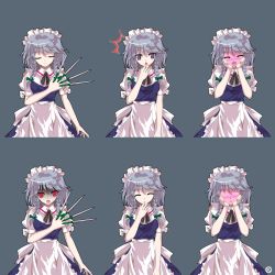 Rule 34 | 1girl, alphes (style), ascot, blush, bow, braid, closed eyes, female focus, full-face blush, hair bow, hands on own cheeks, hands on own face, highres, izayoi sakuya, kaoru (gensou yuugen-an), knife, long hair, maid, maid headdress, parody, purple eyes, red eyes, ribbon, silver hair, smile, style parody, ^^^, surprised, touhou, twin braids