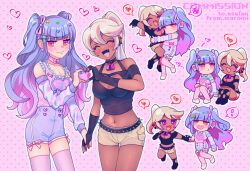 Rule 34 | !, 2girls, black gloves, blonde hair, blue hair, blunt bangs, blush, borrowed character, bow, bow earrings, breasts, brown shorts, chibi, choker, cleavage, cleavage cutout, closed eyes, closed mouth, clothing cutout, commission, crop top, dark-skinned female, dark skin, earrings, facing viewer, fang, fingerless gloves, gloves, gradient hair, hair ornament, hairclip, heart, heart hair ornament, heart hands, heart hands duo, highres, jewelry, large breasts, looking at viewer, maromichan, multicolored eyes, multicolored hair, multiple girls, navel, open mouth, original, pink eyes, pink hair, pink theme, ponytail, purple eyes, purple nails, red nails, short shorts, shorts, smile, speech bubble, spoken exclamation mark, spoken heart, yellow eyes