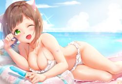 Rule 34 | 1girl, ;d, animal ears, bare arms, bare shoulders, bikini, blue nails, blue sky, breasts, brown hair, cat ears, cleavage, cloud, collarbone, commentary request, day, fang, fingernails, food, frilled bikini, frills, green eyes, hand up, heart, highres, holding, holding food, horizon, idolmaster, idolmaster cinderella girls, kinako (shiratama mochi), lying, maekawa miku, md5 mismatch, medium breasts, nail polish, ocean, on side, one eye closed, open mouth, outdoors, popsicle, resolution mismatch, revision, seashell, shell, short hair, side-tie bikini bottom, sky, smile, solo, source smaller, sparkle, starfish, swimsuit, water, wet, white bikini